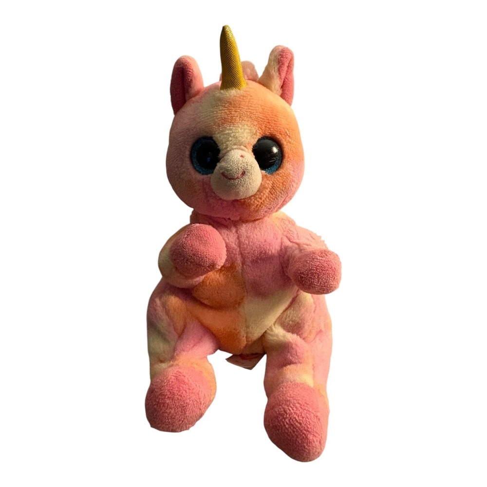 Ty Beanie Boos Skylar Unicorn Pink Orange Tie Dye Plush Stuffed Animal Gold Horn